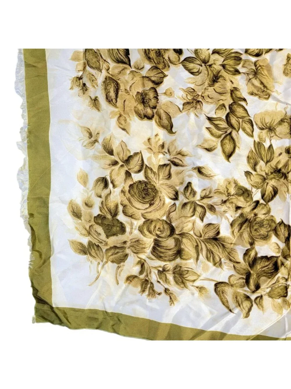 Vintage 70s Floral Scarf Women Accessories Acetate Fringe Green Beige Fall Leave